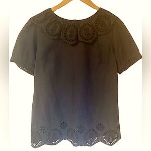 Antik Batik embroidered cotton voile short sleeve black top Small